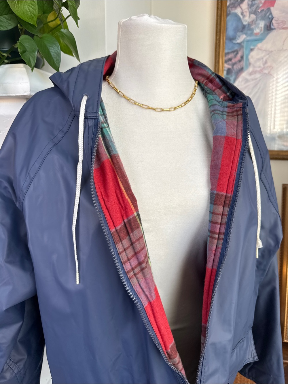 Navy Hooded Trench Coat with Red Plaid Lining